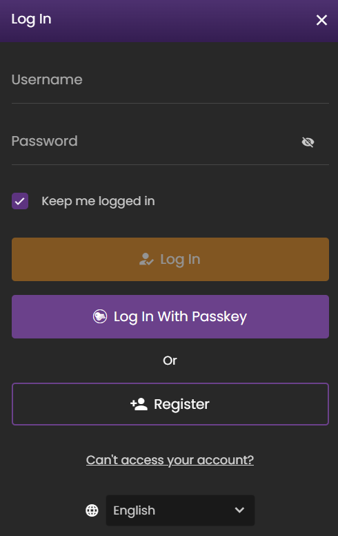 Zodiac Casino registration and login form